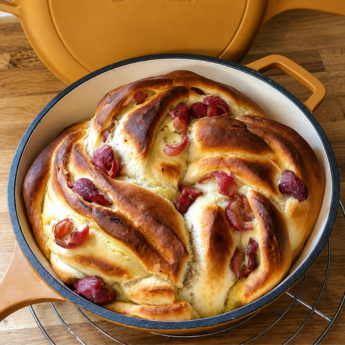 Fluffiger Hefekranz mit frischen Kirschen aus der Gusseisenpfanne