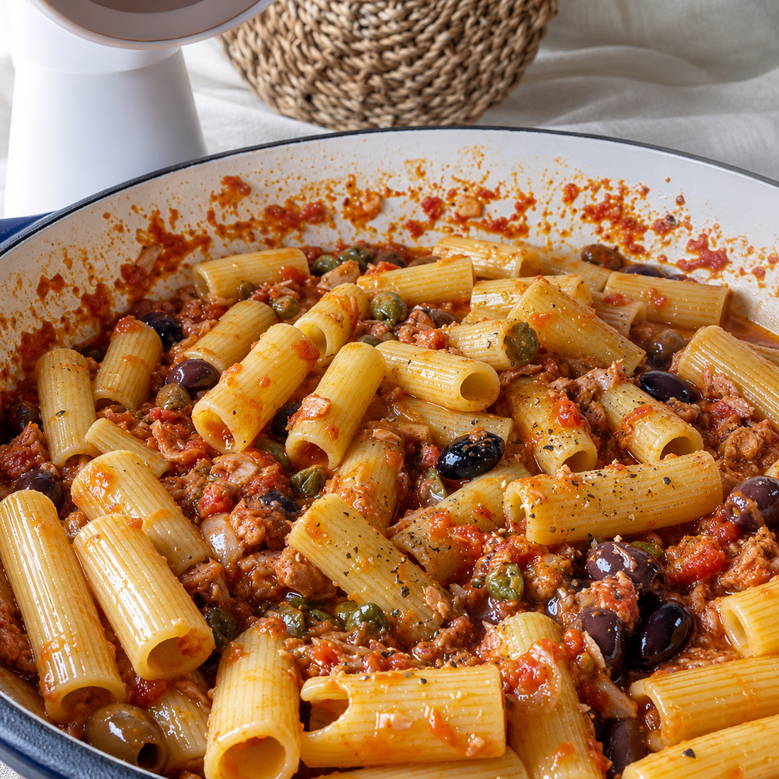 Rigatoni mit Thunfisch, Oliven & Kapern – Mediterraner Pastagenuss in 30 Minuten