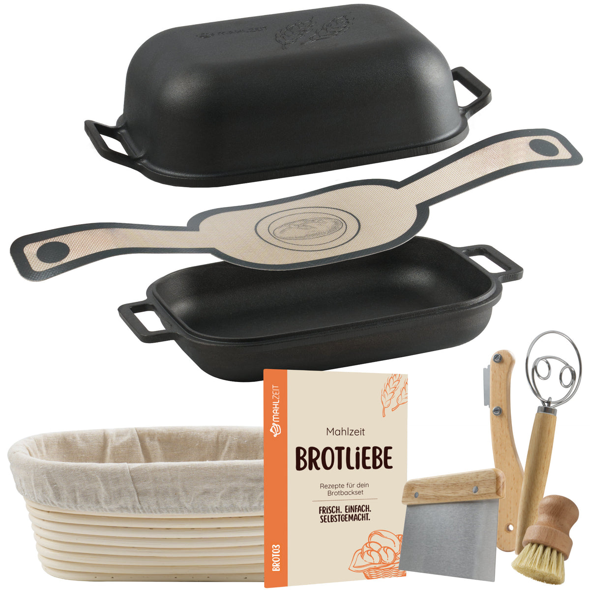 Bread Pot Set, Cast Iron, Pre-Seasoned, Incl. Bread Sling, Banneton, and Accessories