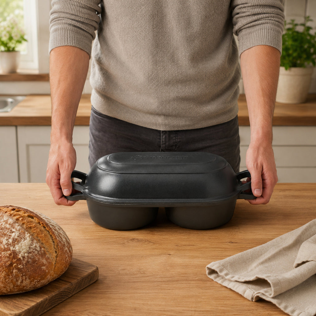 Cocotte à pain, 5 litres, fonte émaillée, avec élingue à pain et deux compartiments de cuisson