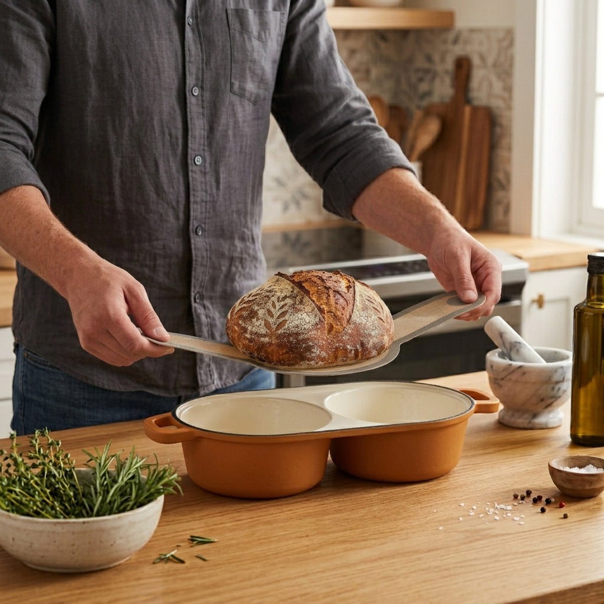 Cocotte à pain, 5 litres, fonte émaillée, avec élingue à pain et deux compartiments de cuisson