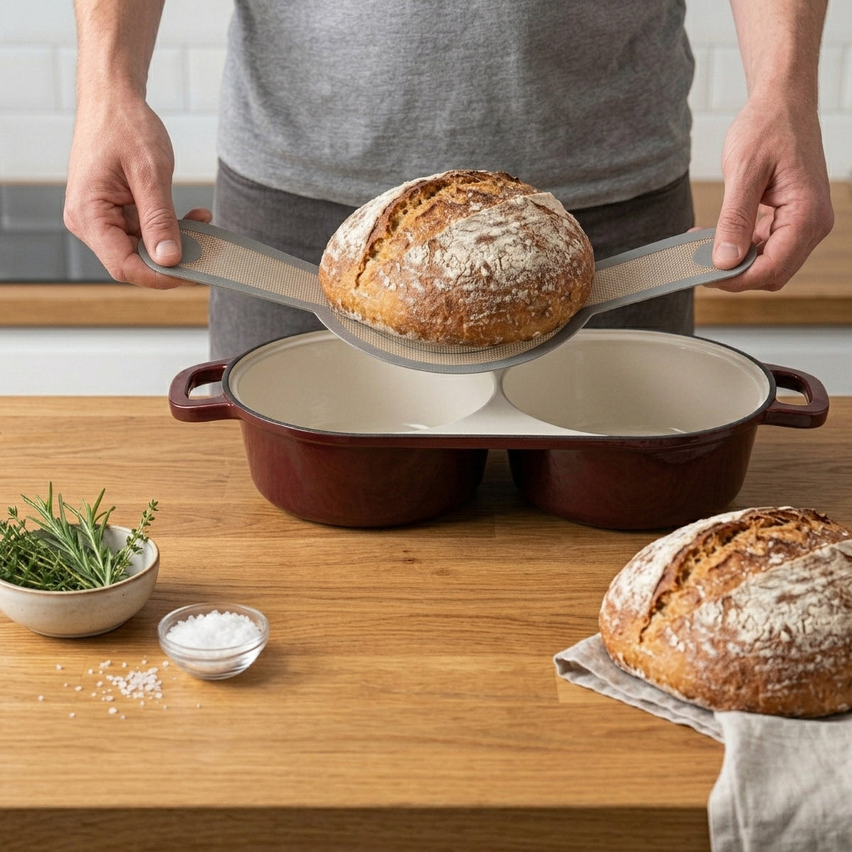 Bread Pot Set, 5 liter, cast iron, enameled, incl. bread sling and two baking chambers