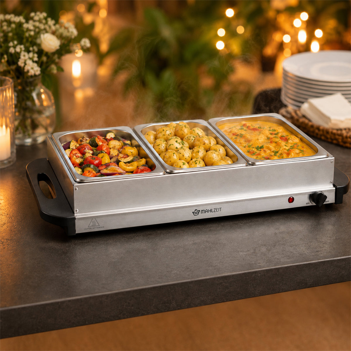 Stainless Steel 2-in-1 Buffet Warmer with 3x 1/3 GN Containers