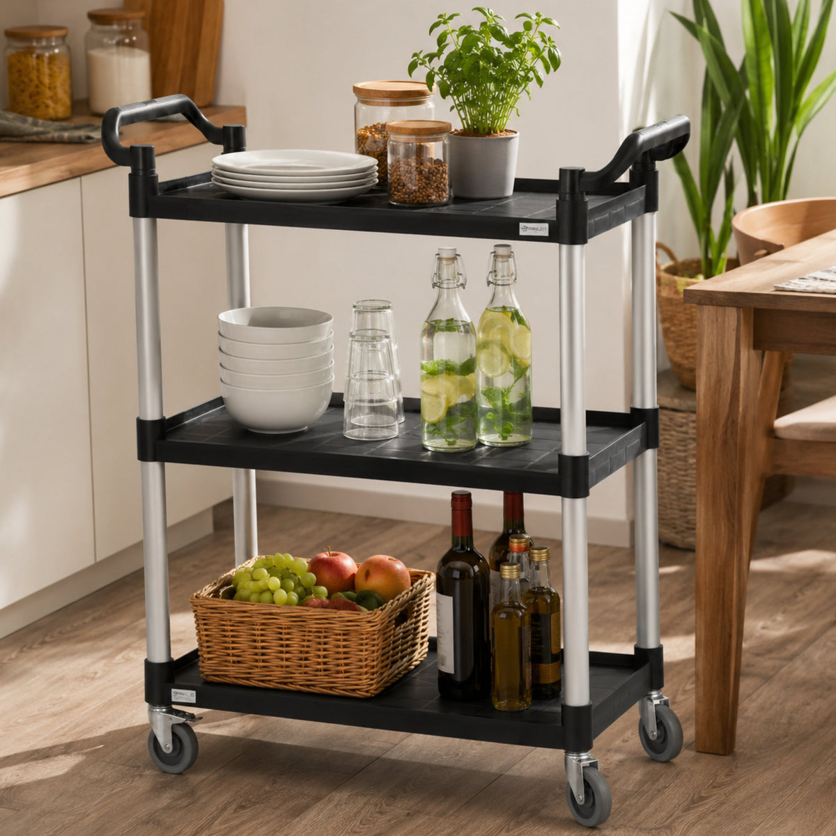 Serving cart, up to 150 kg, with wheels, 3 tiers