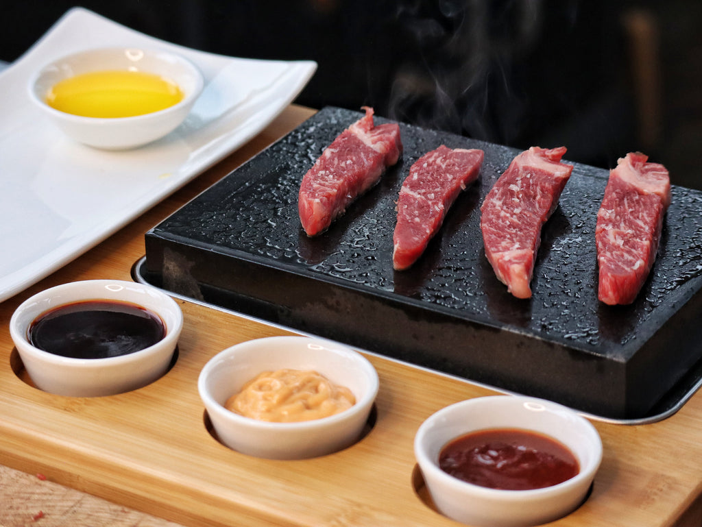 Lava stone set, 7-piece, incl. hot stone, plates and dip bowls