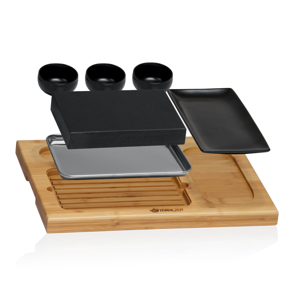 Lava stone set, 7-piece, incl. hot stone, plates and dip bowls