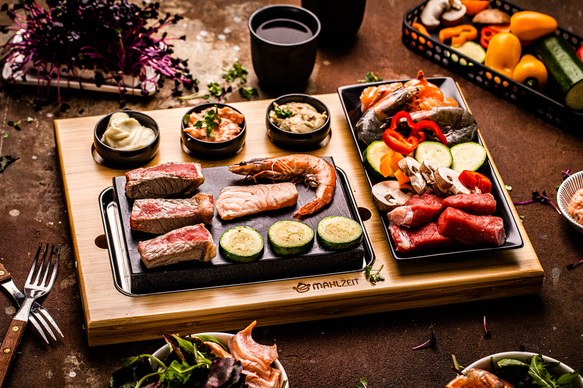 Lava stone set, 7-piece, incl. hot stone, plates and dip bowls
