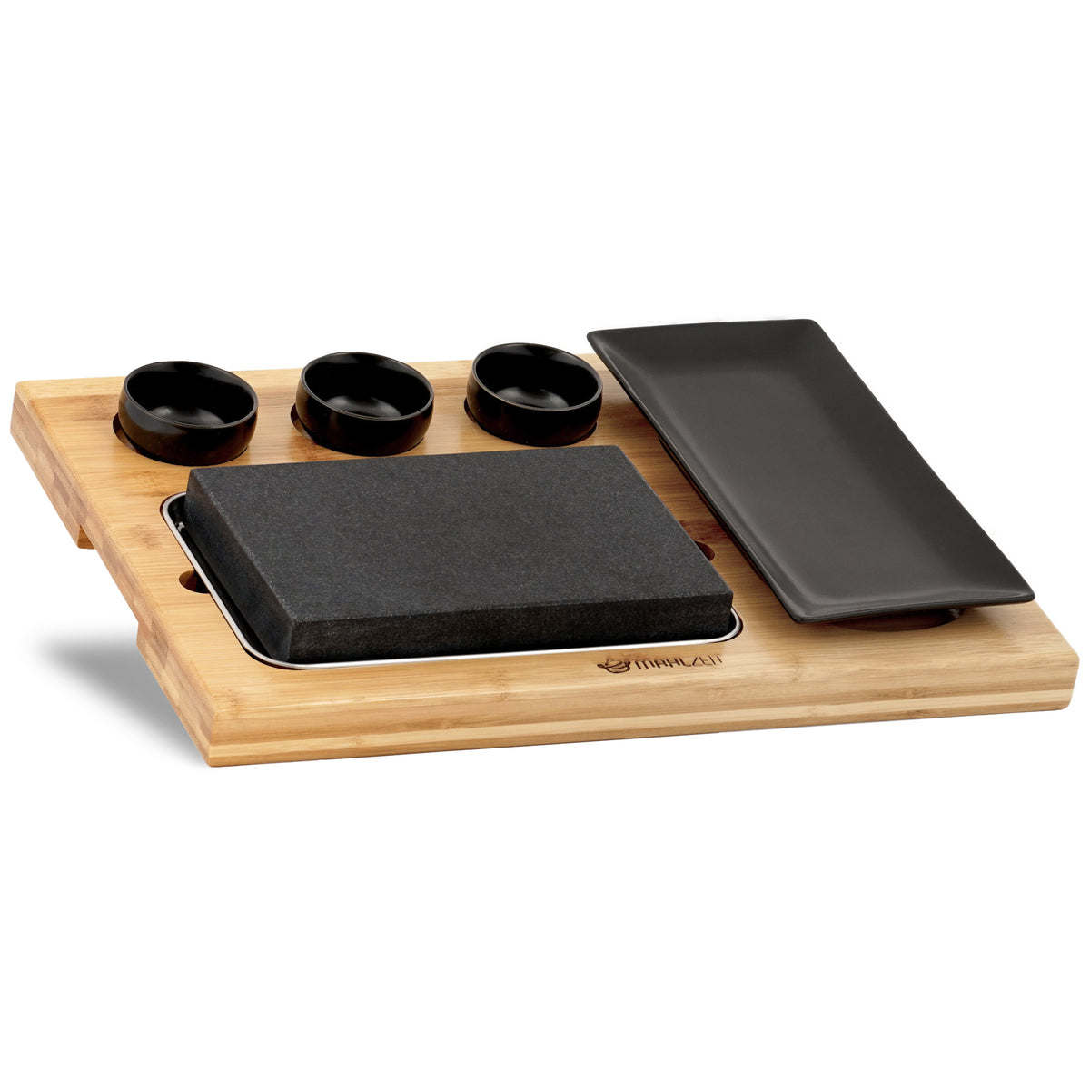 Lava stone set, 7-piece, incl. hot stone, plates and dip bowls