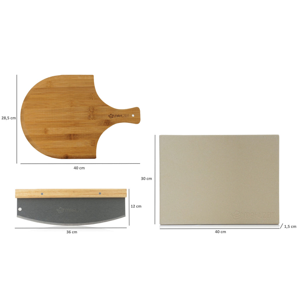 Pizza set, 3-piece, 40 x 30 cm pizza stone, incl. peel and cutter