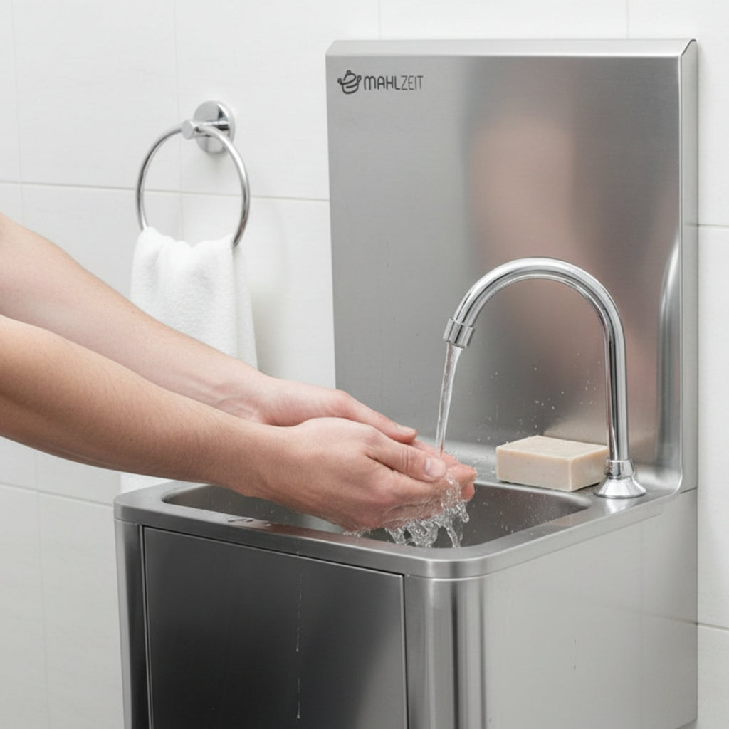 Lave-mains, acier inoxydable, avec commande au genou et distributeur de savon