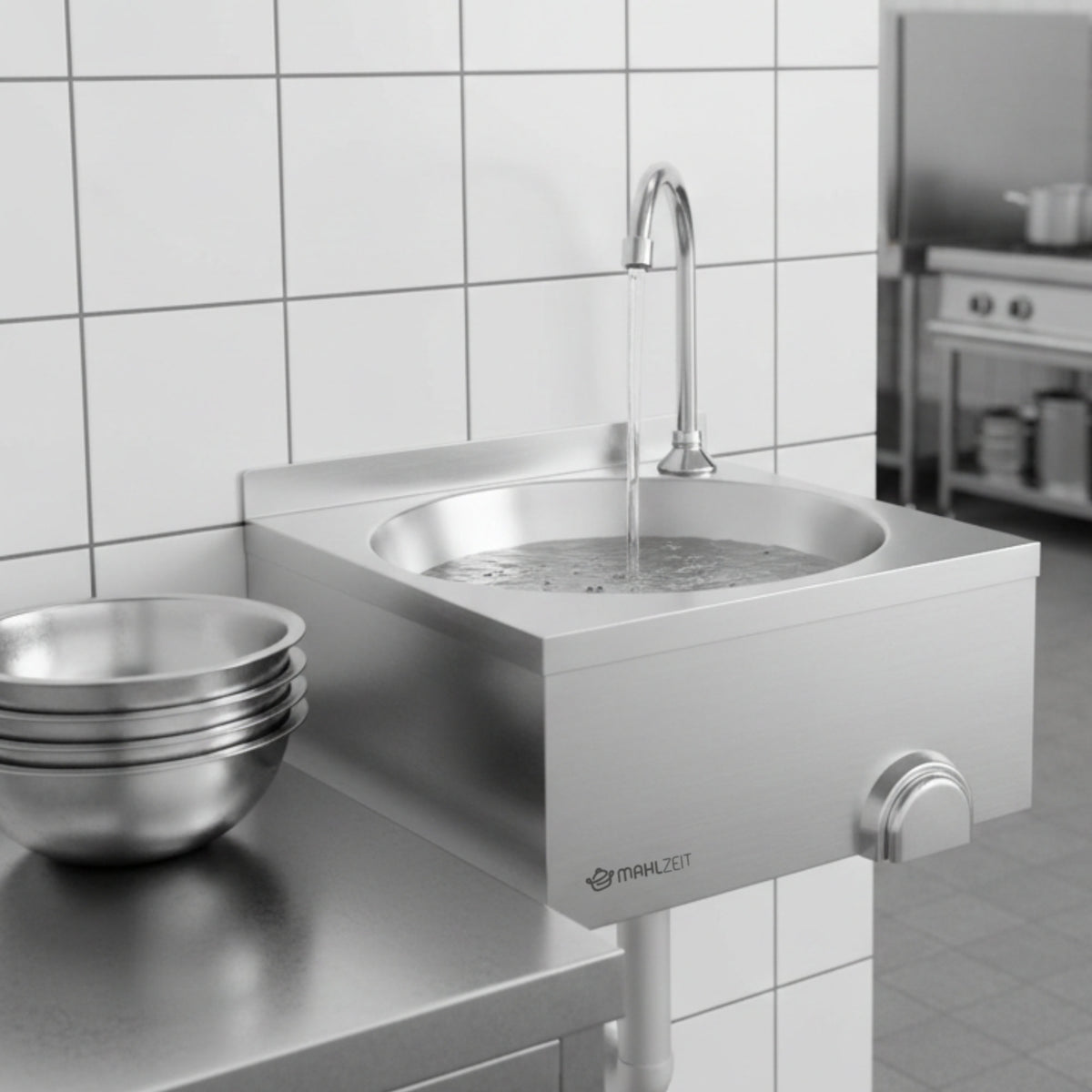 Stainless steel knee-operated wall-mounted washbasin