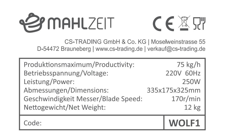 Fleischwolf, elektrisch, Edelstahl, 250W - 75kg/h