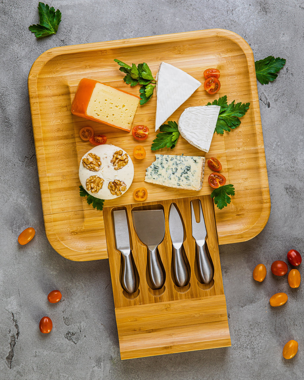 Cheese board, bamboo, 36 x 34 x 5 cm, incl. cheese knives