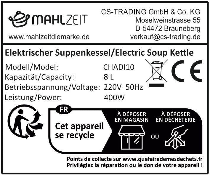 Suppenkessel elektrisch, 8 Liter, herausnehmbarer Edelstahl Einsatz