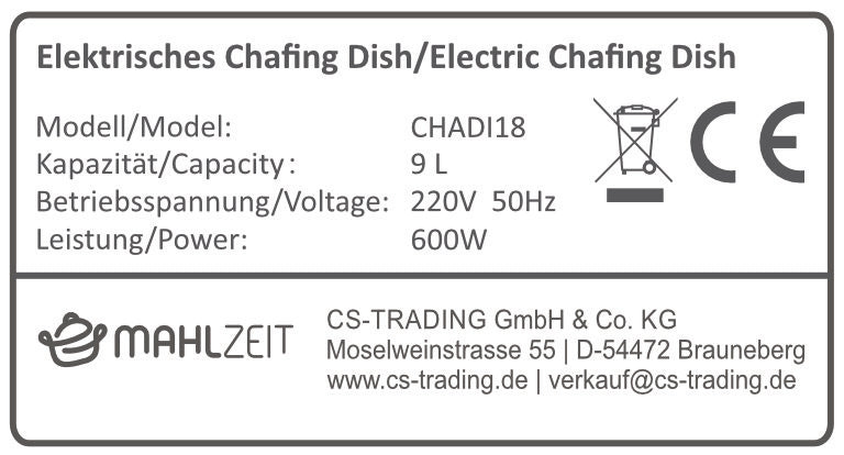 Chafing Dish elektrisch, Edelstahl, GN 1/1 Behälter, 9 Liter, bis 80°C, inkl. Rolltop