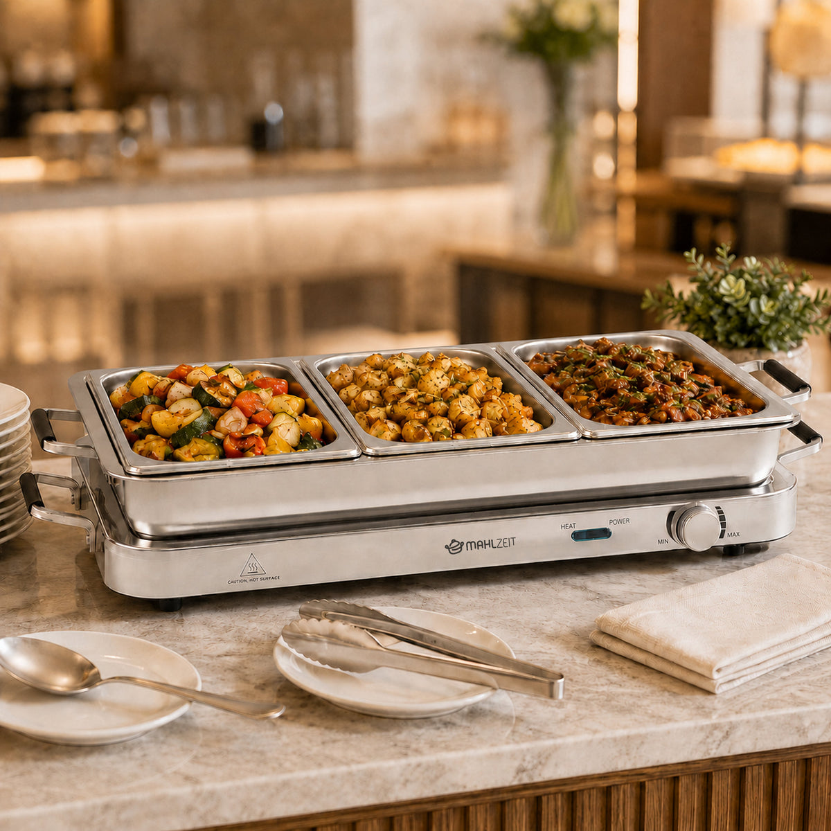 Stainless Steel 2-in-1 Buffet Warmer with 3x 1/3 GN Containers and Bain-Marie