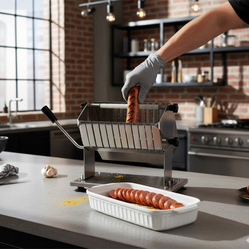 Currywurst cutter, stainless steel, for 18 mm slices, incl. 10 sharp blades