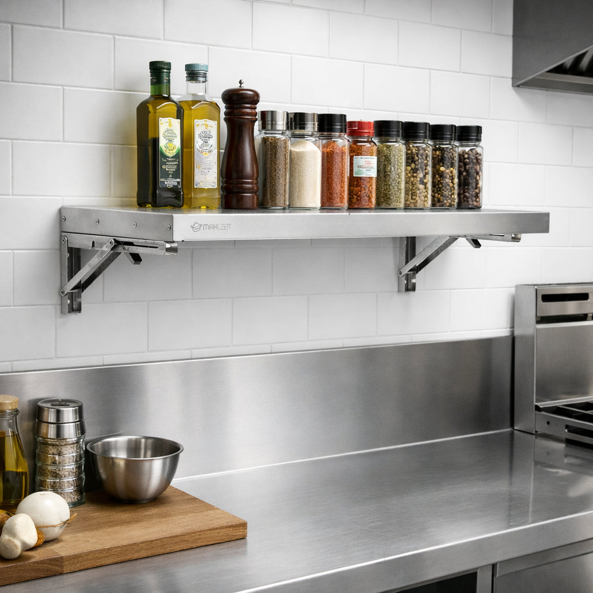 Stainless steel wall shelf, professional kitchen, folding