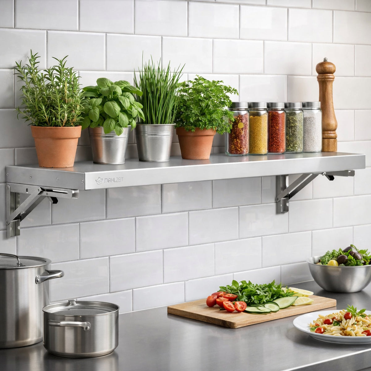 Stainless steel wall shelf, professional kitchen, folding