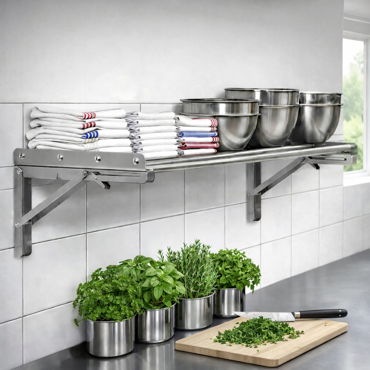 Wall shelf, bar design, stainless steel, foldable