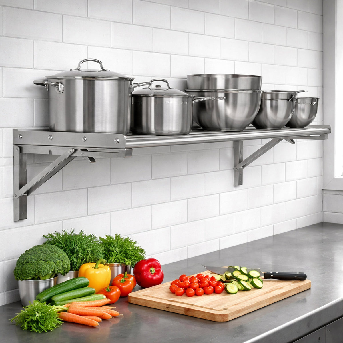 Wall shelf, bar design, stainless steel, foldable