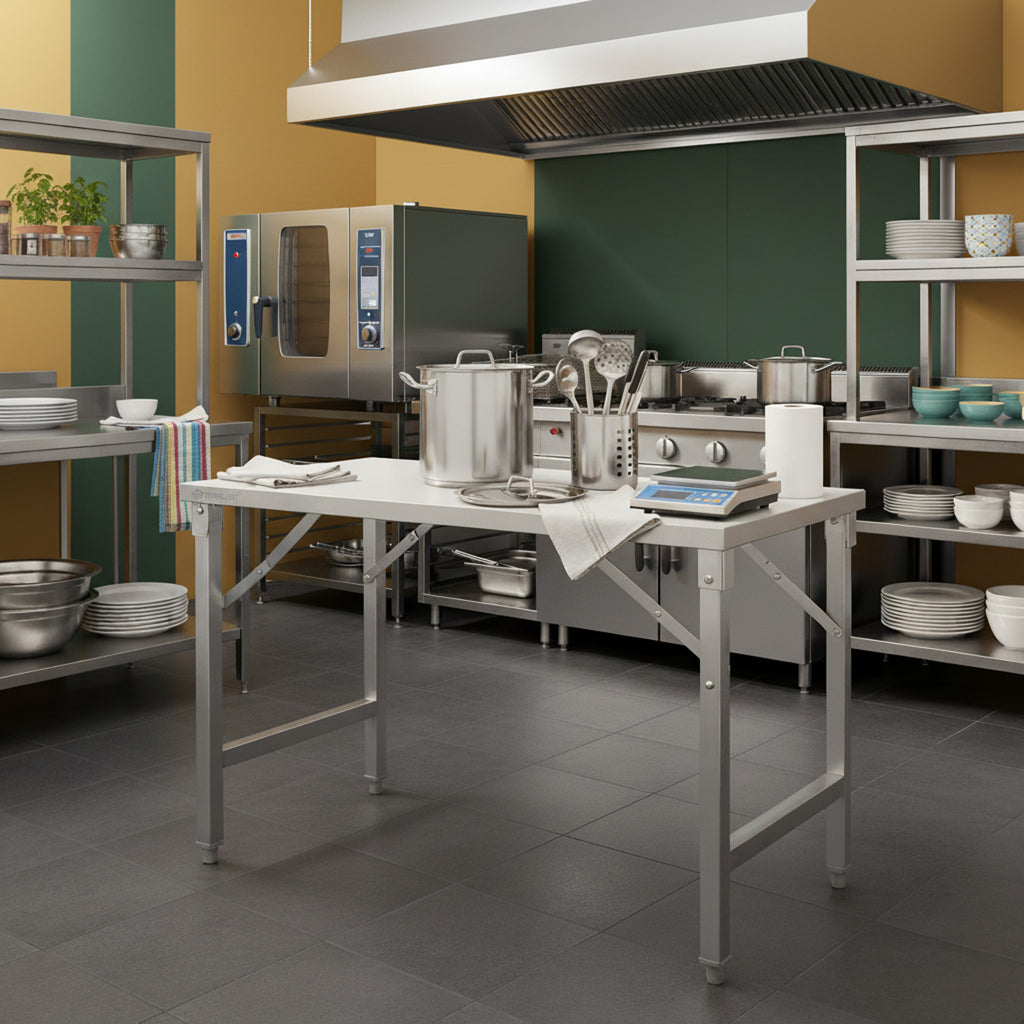 Table en acier inoxydable, système pliable inclus