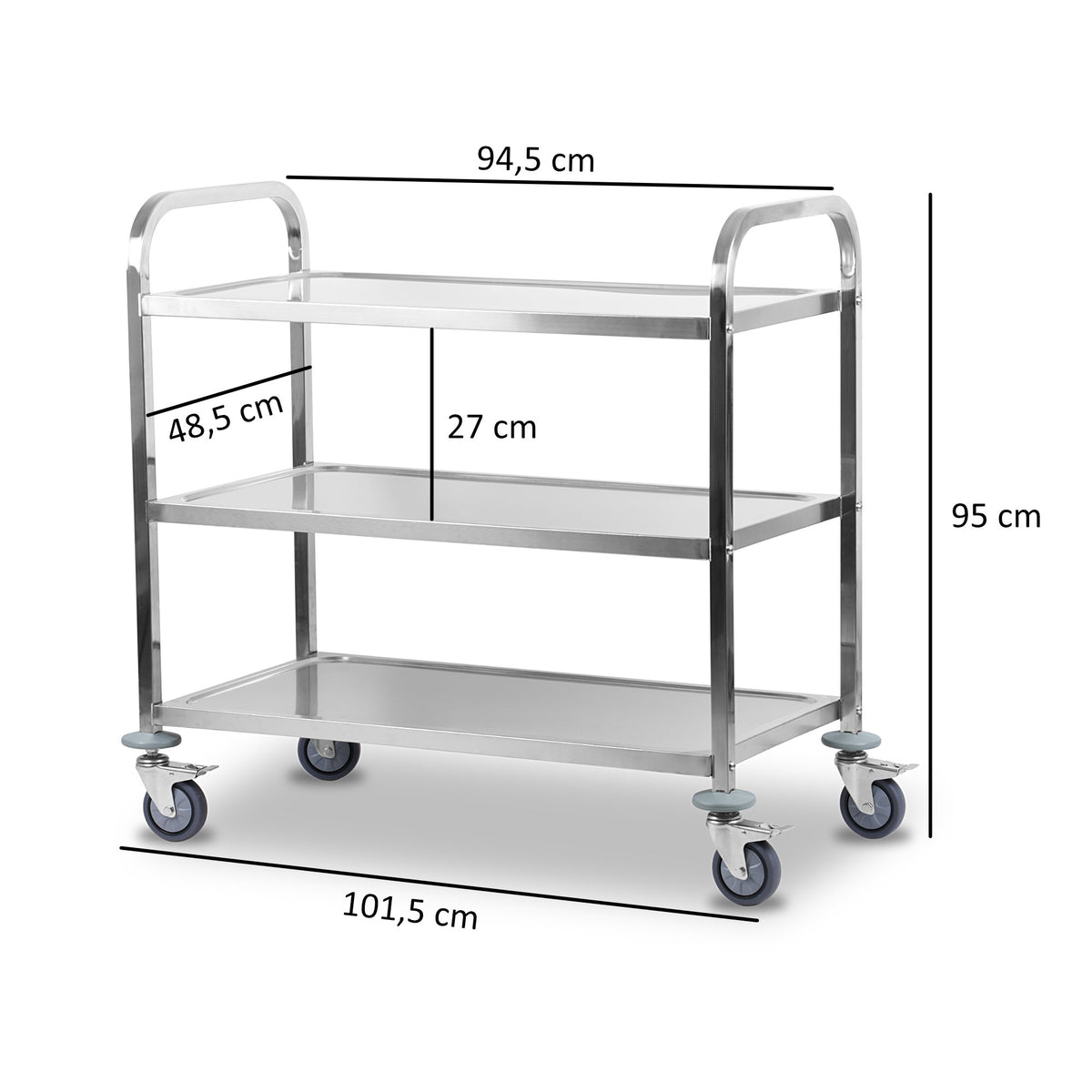Serving trolley, stainless steel, with 3 shelves