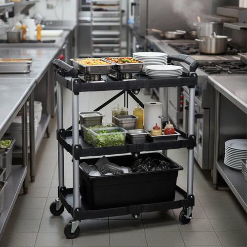 Service trolley, foldable, up to 150 kg, with wheels, 3 tiers