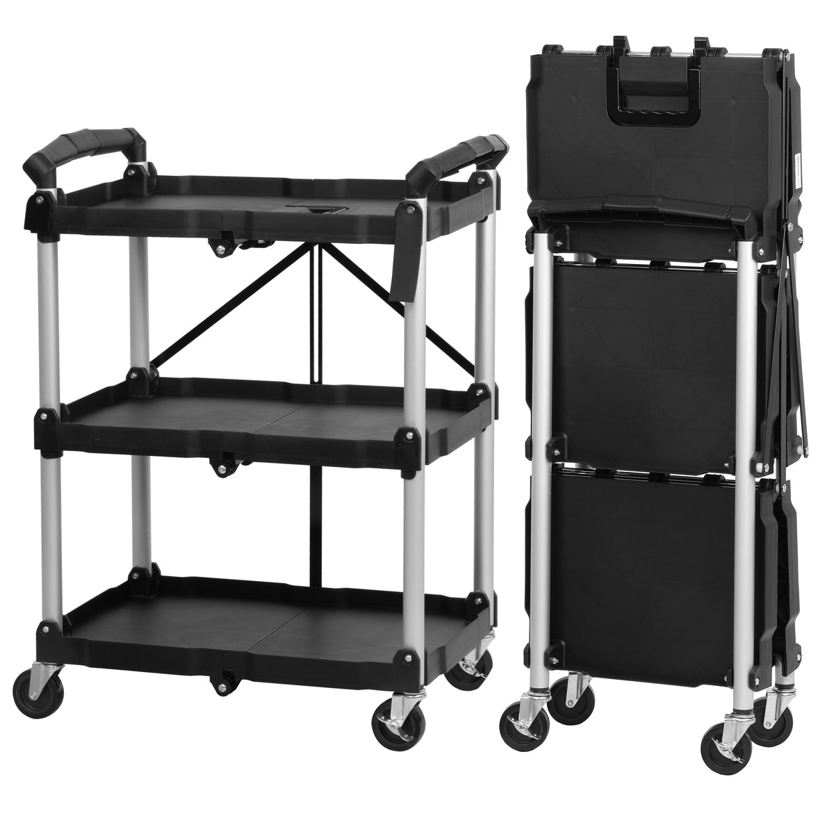 Service trolley, foldable, up to 150 kg, with wheels, 3 tiers