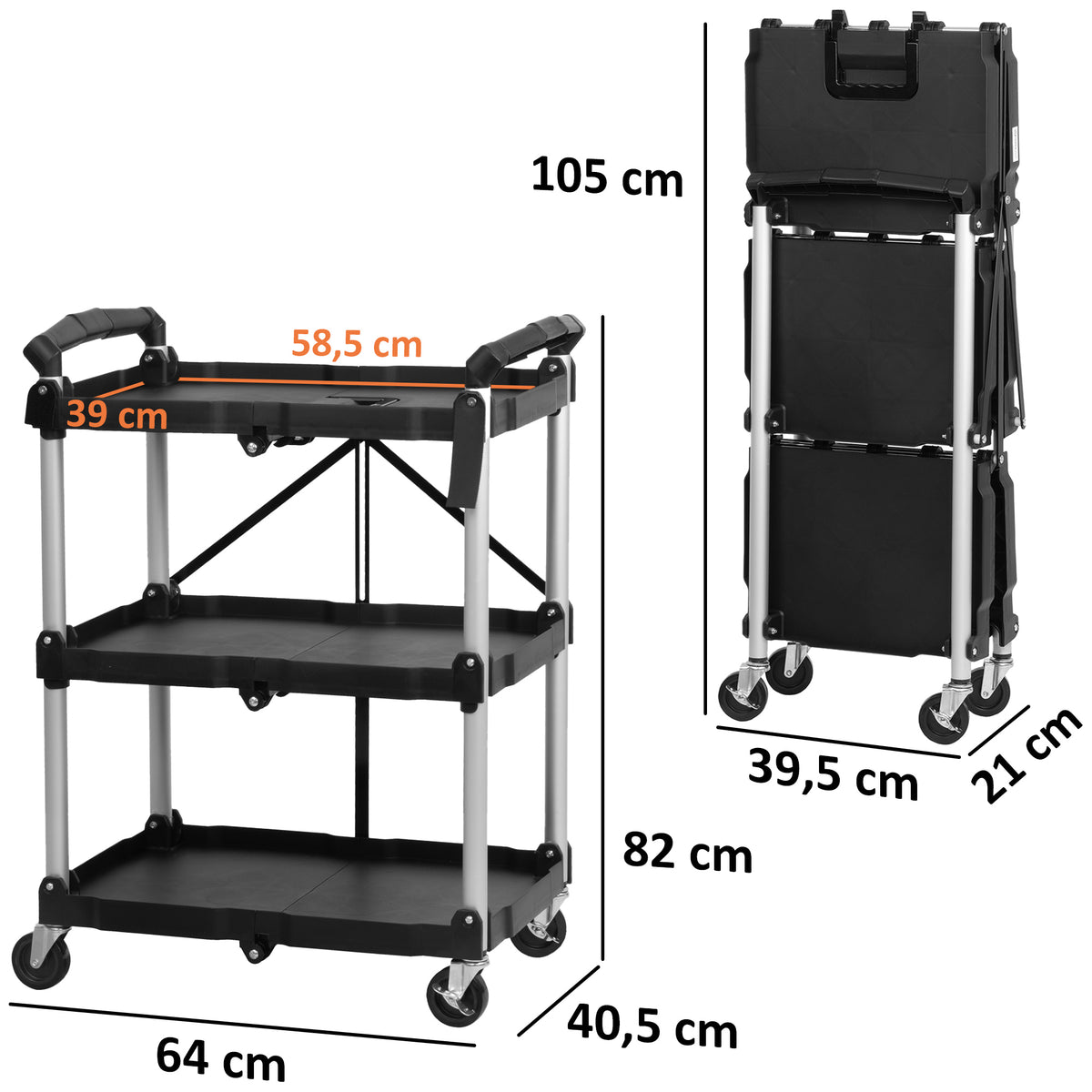Service trolley, foldable, up to 150 kg, with wheels, 3 tiers