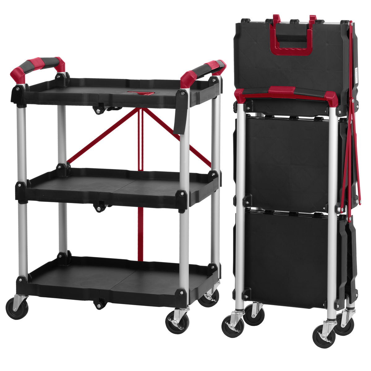 Service trolley, foldable, up to 150 kg, with wheels, 3 tiers