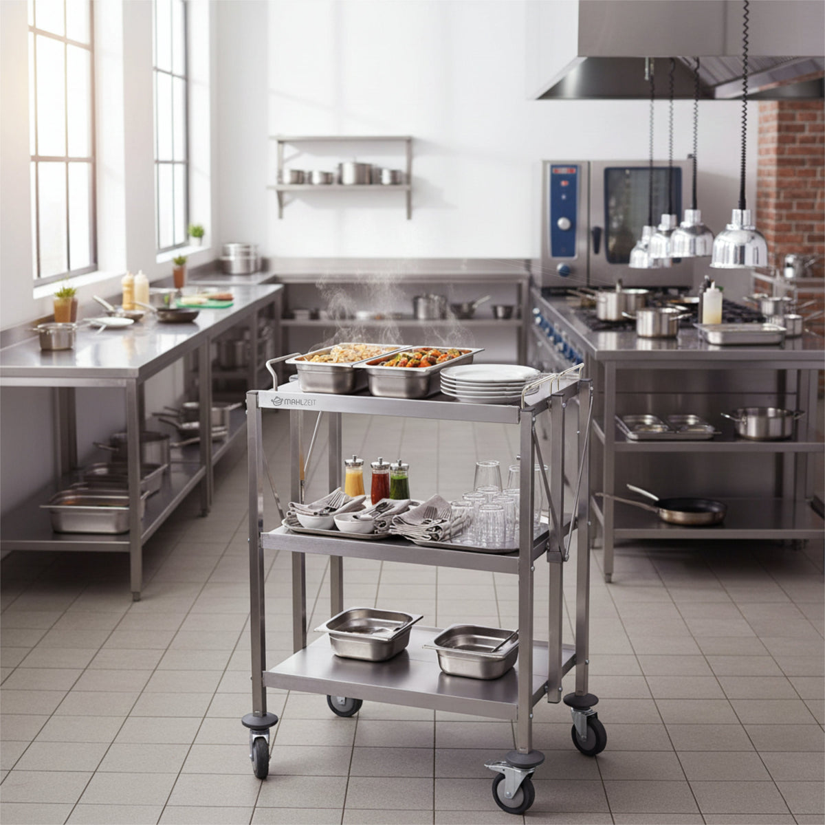 Serving trolley, stainless steel, foldable, up to 150 kg, with wheels, 3 tiers