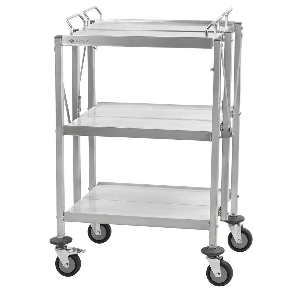 Servierwagen, Edelstahl, faltbar, bis 150 kg, mit Rollen, 3 Etagen