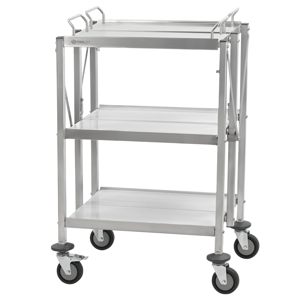 Serving trolley, stainless steel, foldable, up to 150 kg, with wheels, 3 tiers