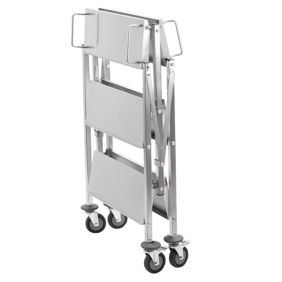 Serving trolley, stainless steel, foldable, up to 150 kg, with wheels, 3 tiers
