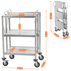 Servierwagen, Edelstahl, faltbar, bis 150 kg, mit Rollen, 3 Etagen