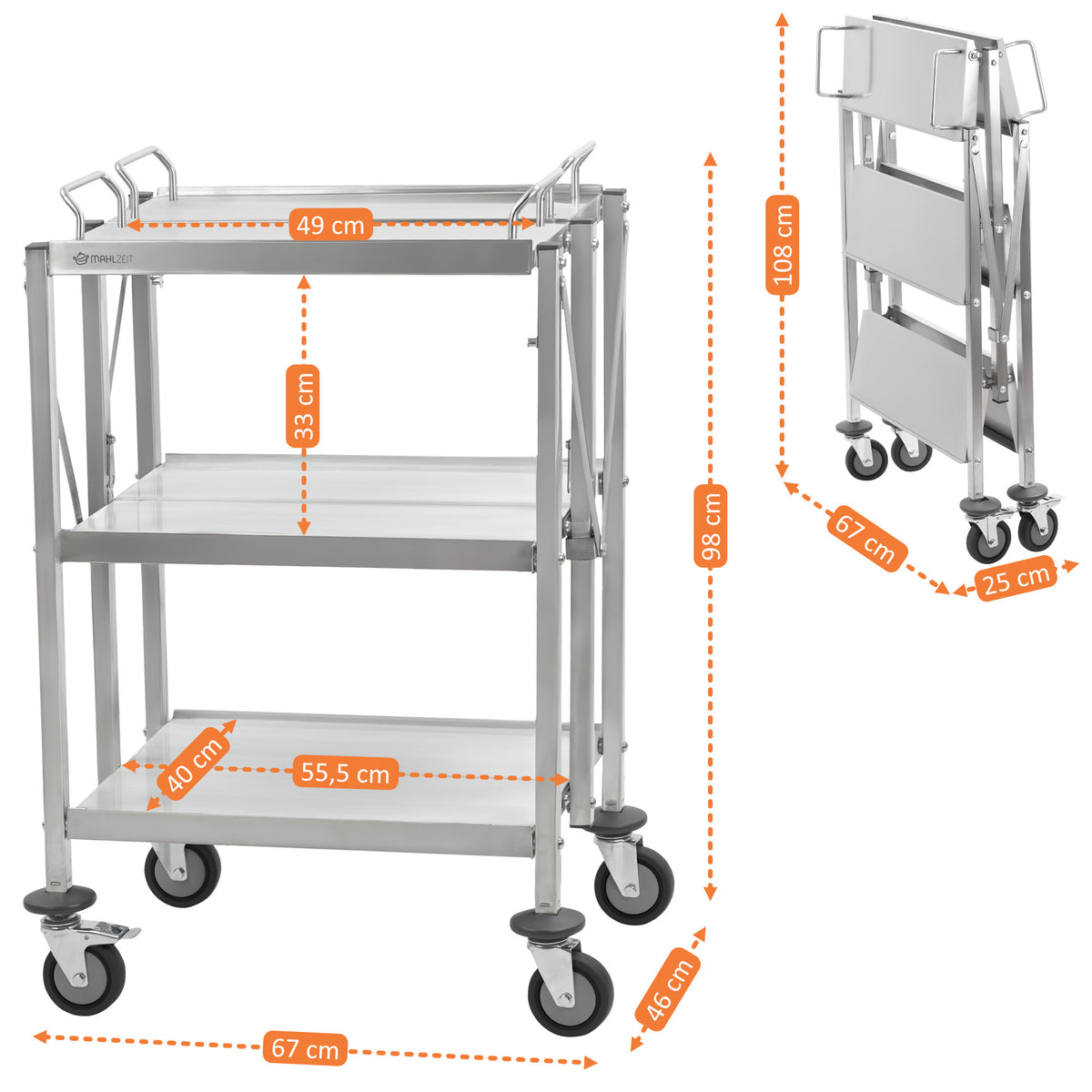 Serving trolley, stainless steel, foldable, up to 150 kg, with wheels, 3 tiers