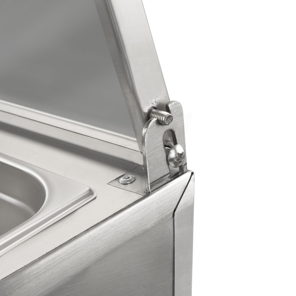Ingredient container, stainless steel, hinged lid, with rubber feet