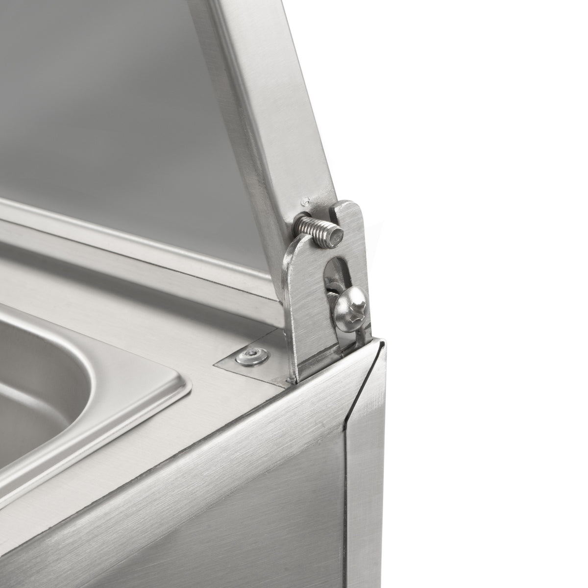Ingredient container, stainless steel, hinged lid, with rubber feet