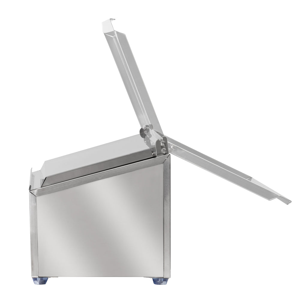 Ingredient container, stainless steel, hinged lid, with rubber feet