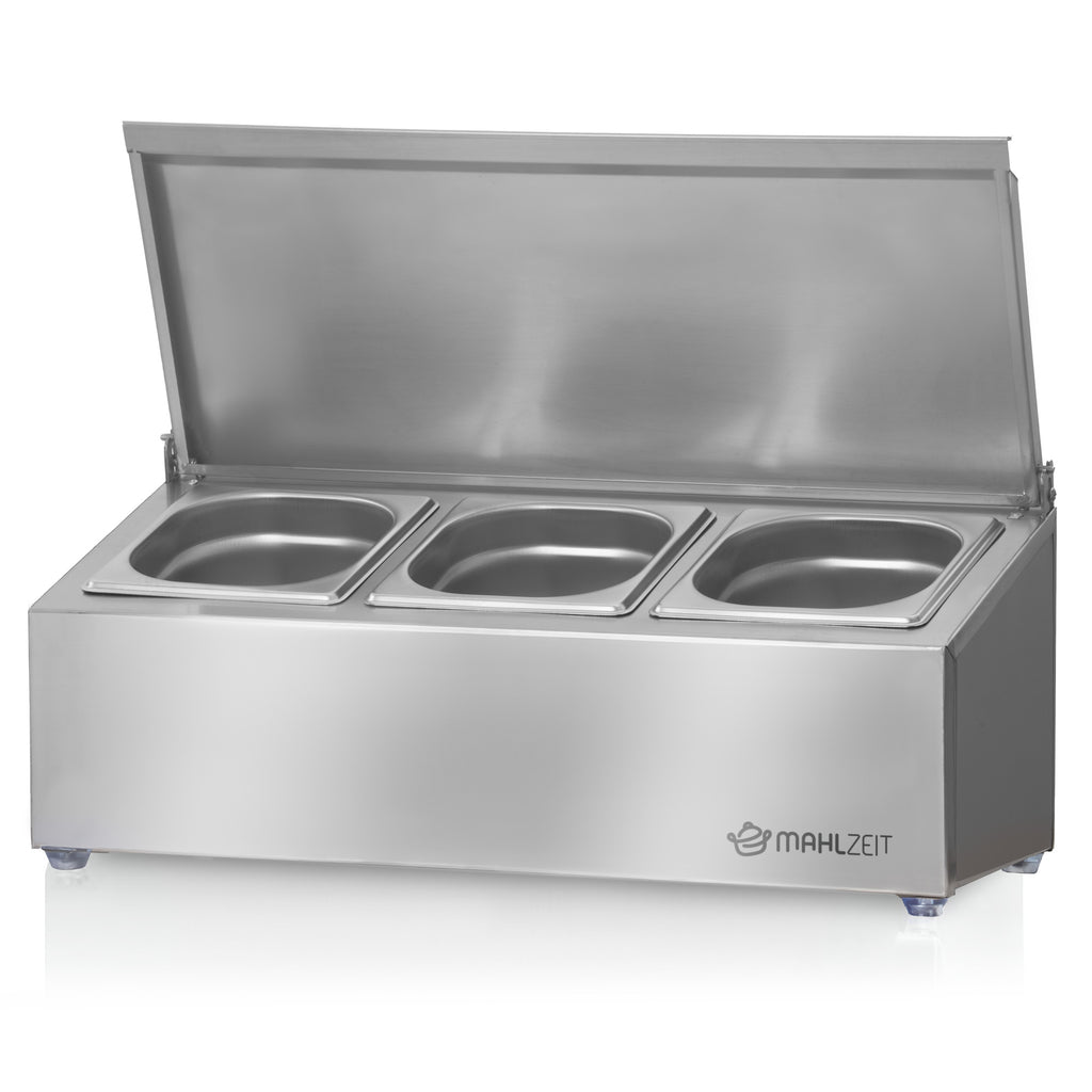 Ingredient container, stainless steel, hinged lid, with rubber feet
