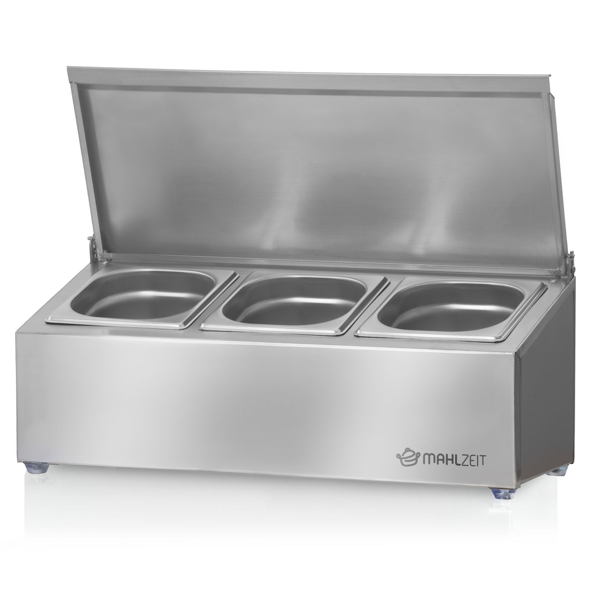 Ingredient container, stainless steel, hinged lid, with rubber feet