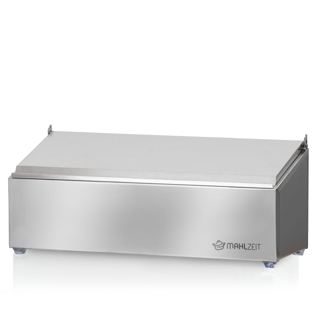 Ingredient container, stainless steel, hinged lid, with rubber feet