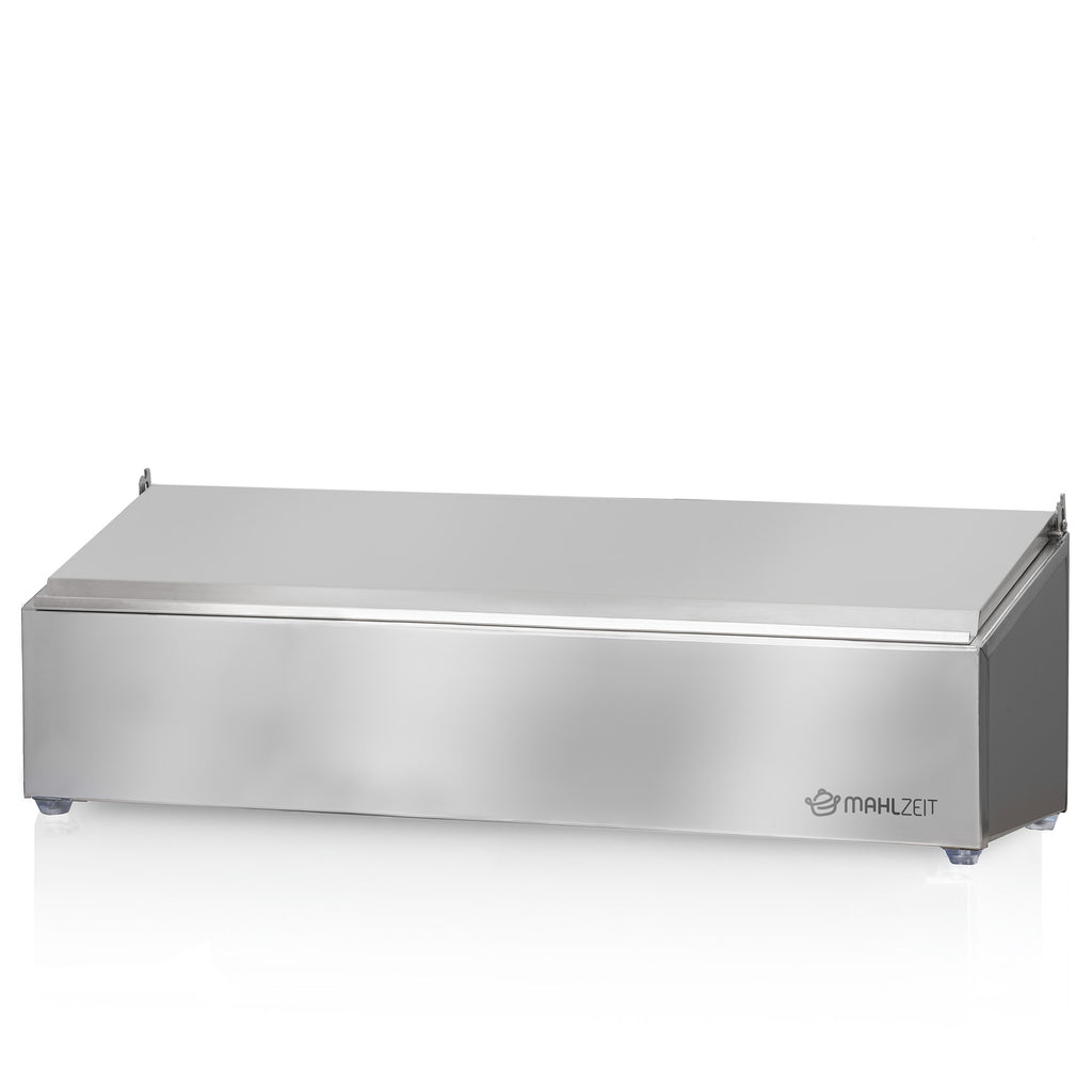 Ingredient container, stainless steel, hinged lid, with rubber feet
