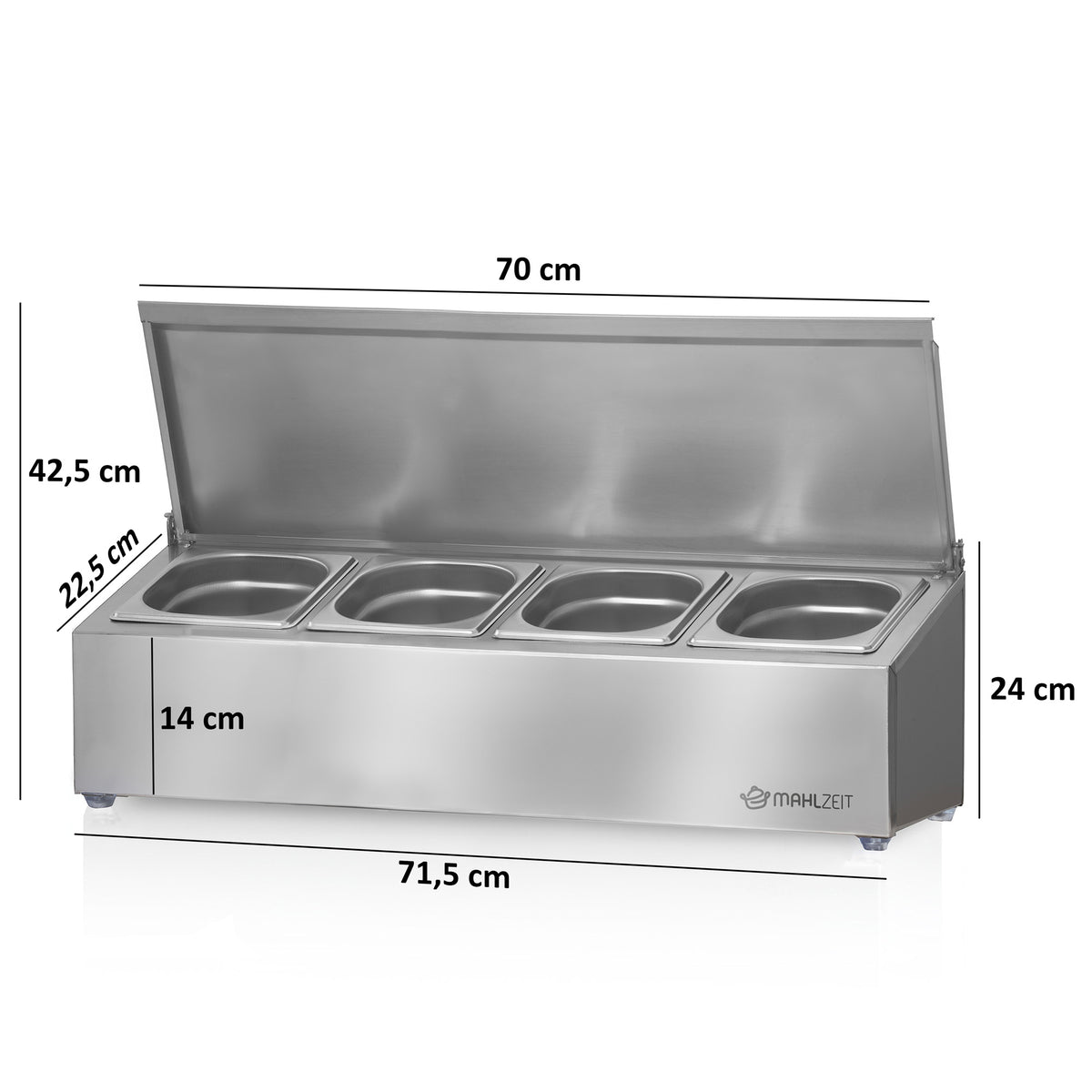 Ingredient container, stainless steel, hinged lid, with rubber feet
