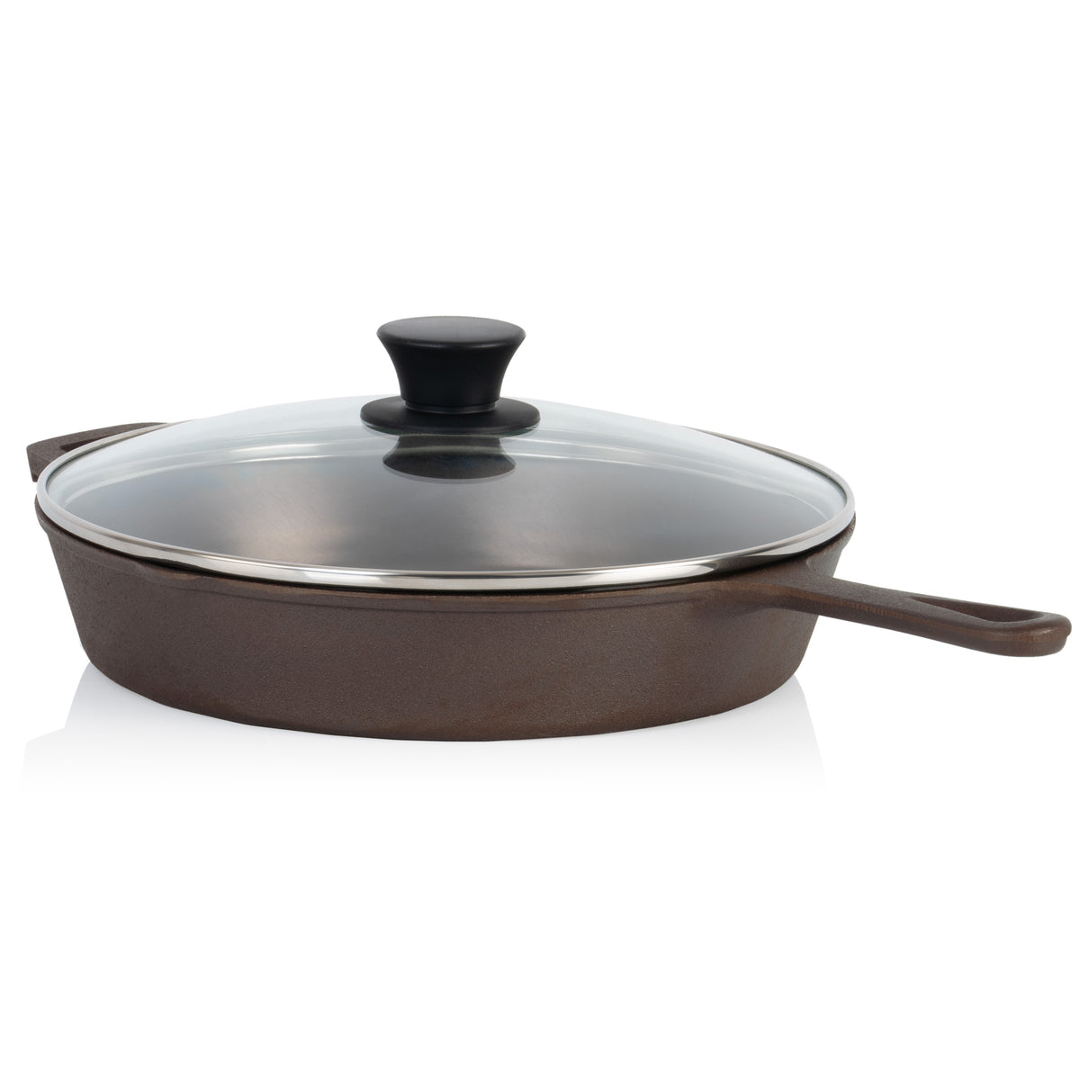 Cast iron skillet, polished, two pouring spouts, incl. lid