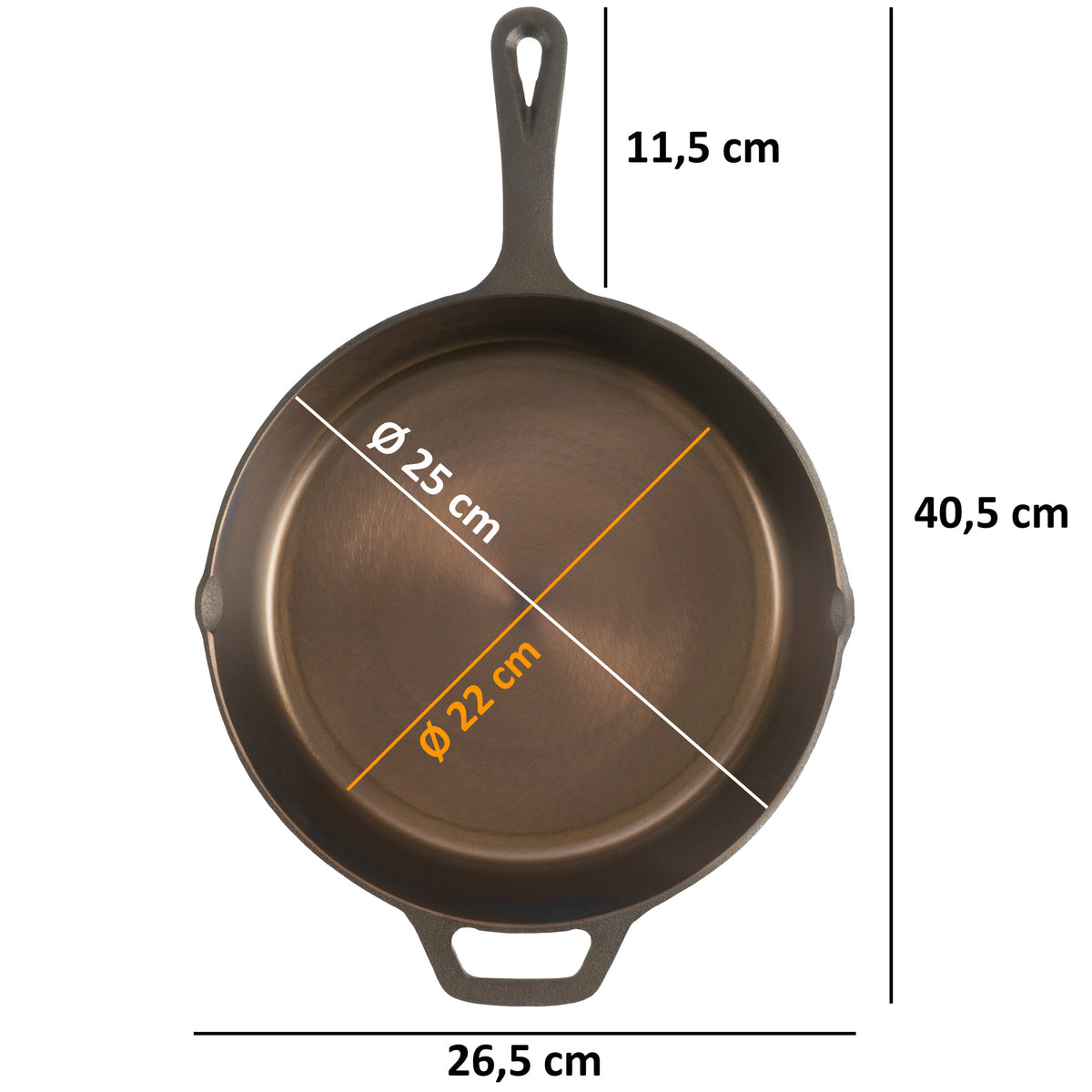 Cast iron skillet, polished, two pouring spouts, incl. lid