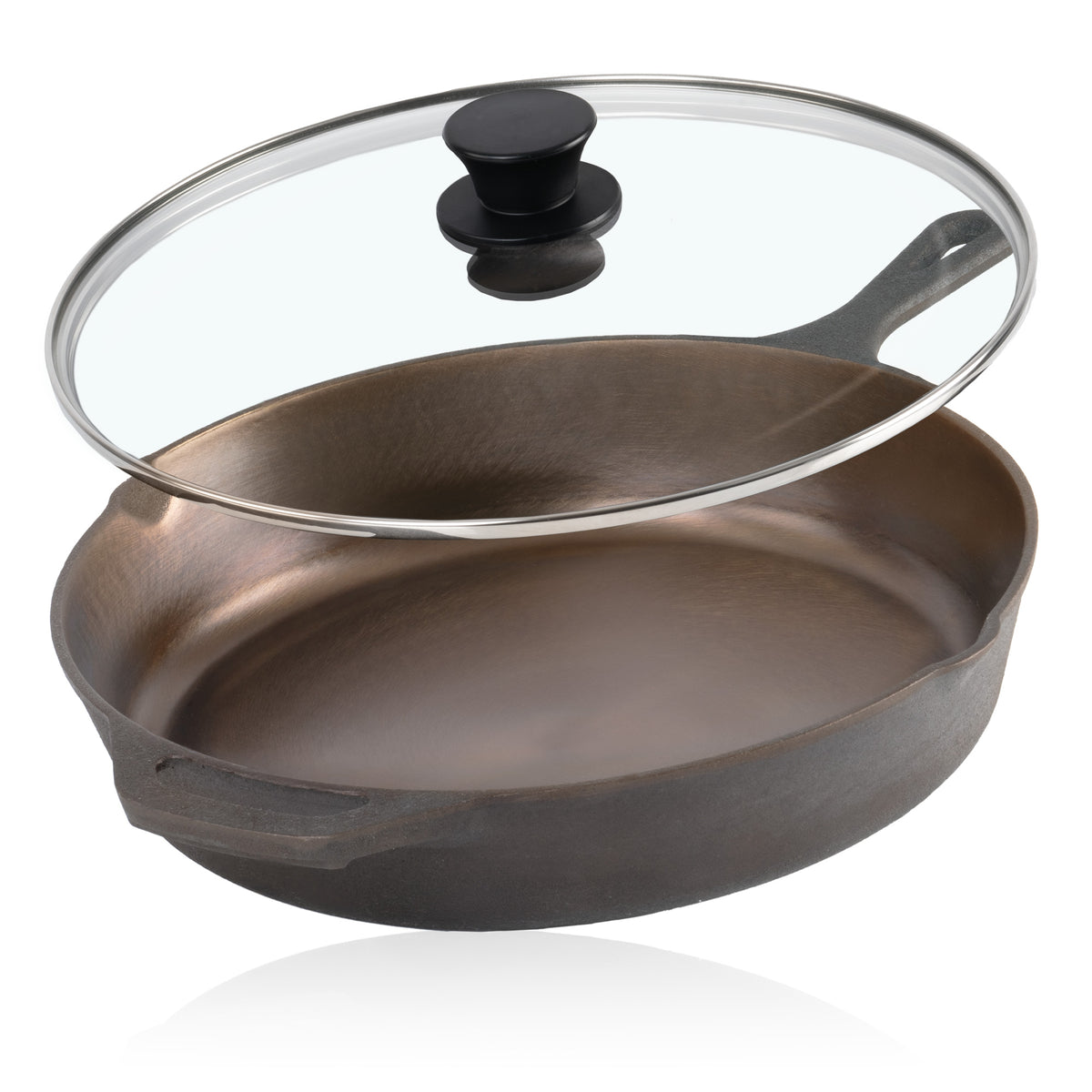 Cast iron skillet, polished, two pouring spouts, incl. lid