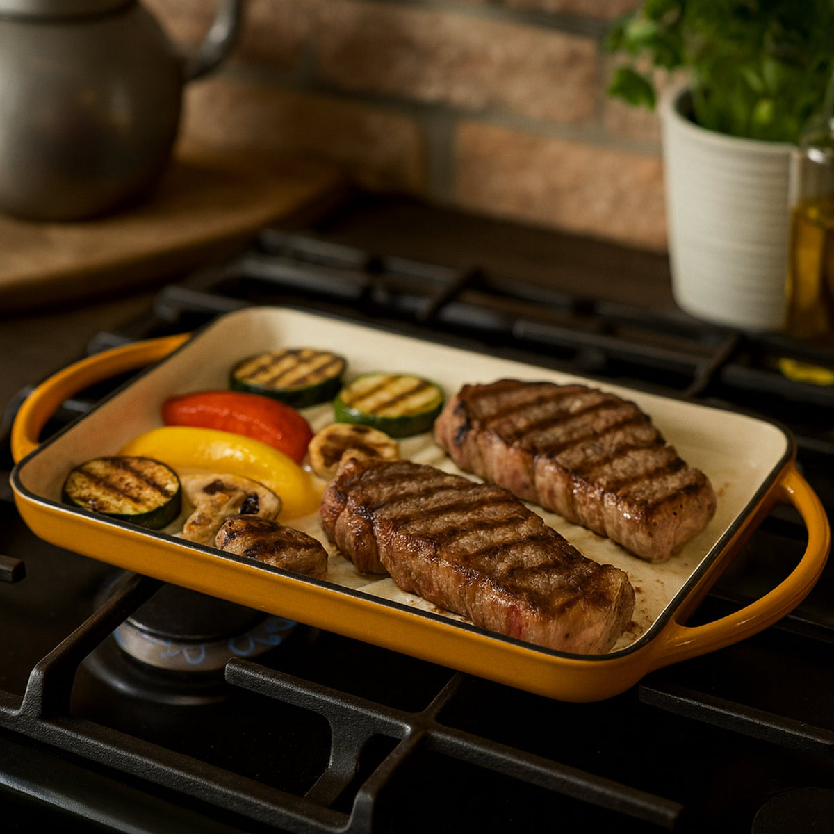 Grillplatte, 39,5 x 22 x 3,5 cm, Gusseisen, emailliert, inkl. zwei Griffen