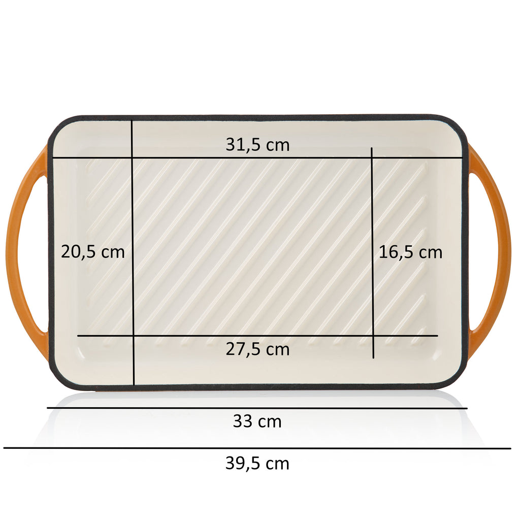 Grillplatte, 39,5 x 22 x 3,5 cm, Gusseisen, emailliert, inkl. zwei Griffen
